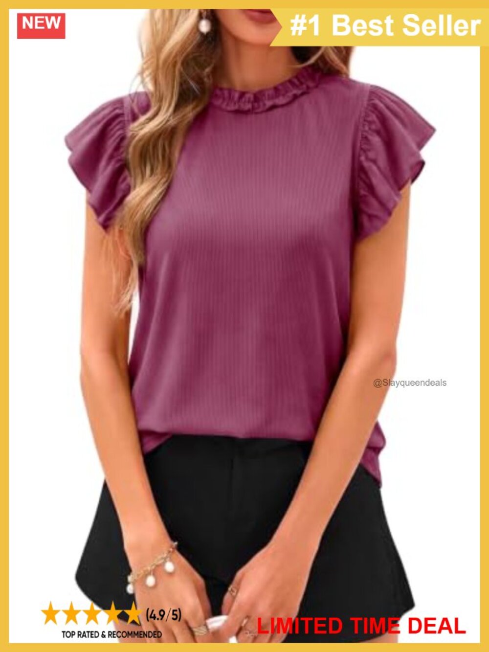 Women's Summer Knit Top Ruffle Crewneck Flutter Sleeve Blouse Casual